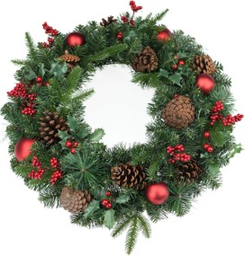 Kerstkrans "Victoria" - groen - Diameter 60 cm - met rode bessen, dennenappels & kerstballen