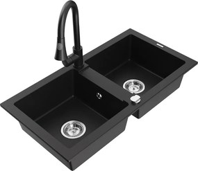 Mexen Mario granieten gootsteen met 2 kommen en Elia keukenmengkraan, zwart - 6504-77-670101-70