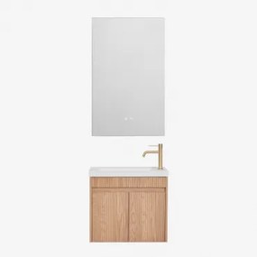 Narek Zwevend Houten Badkamermeubelset Met Geïntegreerde Wastafel Ash Brown & Geborsteld Goud ↑20 Cm Met Aftapkraan Zonder Overloop Orveta & Rectangul