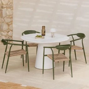 Set Ronde Tafel Ø120 Cm In Cement Noemi En 4 Stapelbare Tuinstoelen Met Armleuningen Van Aluminium En Synthetisch Rattan Marsh Wit - Sklum