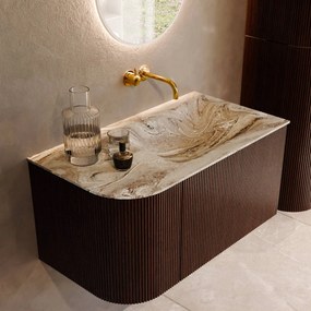Mondiaz Kurve-dlux 85cm badmeubel ronding links ruby met 1 lade en deur en wastafel cloud rechts zonder kraangat glace