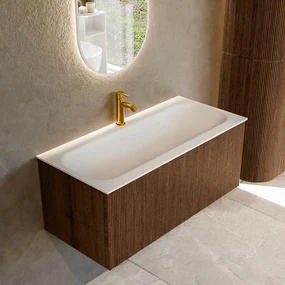 Mondiaz Kurve 100cm badmeubel walnut met 1 lade en wastafel big medium midden 1 kraangat
