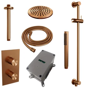 Brauer Copper Carving complete inbouw regendouche set 41 met 20cm douchekop, plafondarm, staafhanddouche en glijstang geborsteld koper PVD