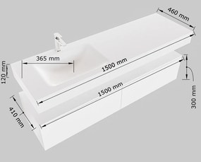 Mondiaz Alan DLux badmeubel 150cm dark grey 2 lades met wastafel opalo links 1 kraangat