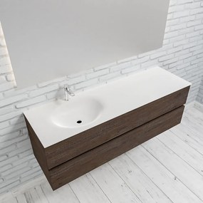 Zaro Sevilla Solid Surface badmeubel 150cm donker eiken 1 kraangat spoelbak links met 2 lades