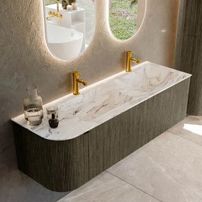 Mondiaz Kurve-dlux 145cm badmeubel ronding links shadow met 1 lade en deur en wastafel leaf dubbel/rechts 2 kraangaten glace