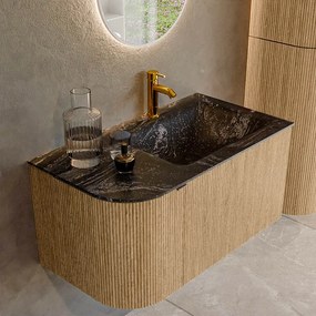 Mondiaz Kurve-dlux 85cm badmeubel ronding links oak met 1 lade en deur en wastafel cloud kraangat rechts lava