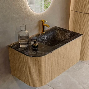 Mondiaz Kurve-dlux 85cm badmeubel ronding links oak met 1 lade en deur en wastafel cloud kraangat rechts lava