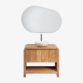 Vacry Houten Badkamermeubelset Acacia Bruin & Rond Cement Wit Ø40 Cm Zavion & Ovaal Led En Anticondens 100x80 Cm Riben & Mat Zwart ↑30 Cm Met Afvoerkr
