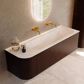 Mondiaz Kurve-dlux 145cm badmeubel ronding links ruby met 1 lade en deur en wastafel big large rechts zonder kraangat ostra