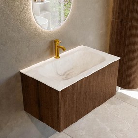 Mondiaz Kurve-dlux 80cm badmeubel walnut met 1 lade en wastafel big small midden 1 kraangat frappe