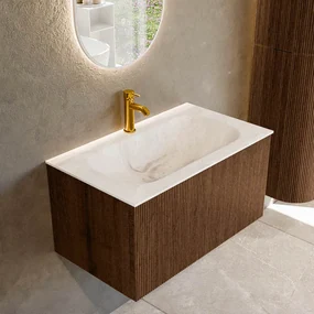 Mondiaz Kurve-dlux 80cm badmeubel walnut met 1 lade en wastafel big small midden 1 kraangat frappe