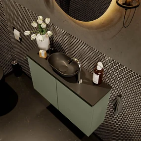 Mondiaz Fowy toiletmeubel 80cm army met zwarte waskom midden en kraangat
