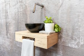 Saniclear Seba fonteinset met eiken plank, zwarte waskom en chromen kraan voor in het toilet