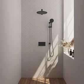 Brauer Black Edition thermostatische inbouw regendouche met 3 standen handdouche, rechte muurarm, glijstang en hoofddouche 30cm set 68 zwart mat