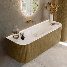 Mondiaz Kurve-dlux 130cm badmeubel ronding links/rechts dusk met 1 lade en 2 deuren en wastafel big small midden zonder kraangat frappe