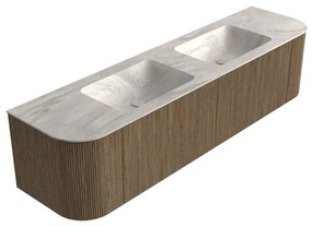 Mondiaz Kurve-dlux 180cm badmeubel ronding links/rechts dusk met 2 lades en deuren en wastafel leaf dubbel zonder kraangat ostra