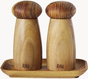 Kruidenmolen set RAW van keramiek en teakhout met dienblad, 3-delig