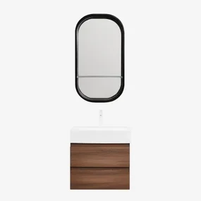 Badkamermeubelset Van Hout En Essenhoutfineer Met Geïntegreerde Wastafel Ona Donker Hout & Ovaal Met Plank Zwart 50x90 Cm Warien & Wit - Sklum