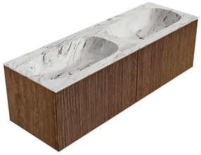 Mondiaz Kurve-dlux 140cm badmeubel walnut met 2 lades en wastafel stor small dubbel 2 kraangaten glace