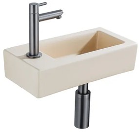 QeramiQ Fuente Fonteinset - 37.5x18.5x9cm - keramiek - kraangat links - fonteinkraan gunmetal - afvoerplug - verlaagd sifon - Mat Beige SW1122452/SW769487/SW767295/SW696239