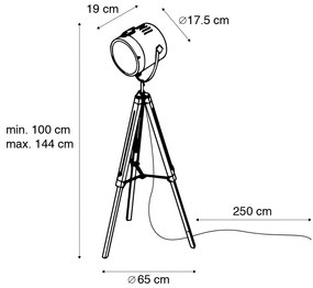 Industriële vloerlamp tripod hout met studioSpot / Opbouwspot / Plafondspot - Braha Industriele / Industrie / Industrial E14 Binnenverlichting Lamp