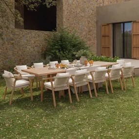 Rechthoekige Uitschuifbare Tafel 200-260-320x100 Cm En 12 Tuinstoelen Met Armleuningen Van Acaciahout Dubai Stof Gardenia Wit & Rustiek Acaciabruin -