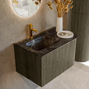 Mondiaz Kurve-dlux 75cm badmeubel ronding rechts shadow met 1 lade en deur en wastafel grunne kraangat links lava