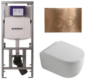 QeramiQ Dely Swirl Toiletset - 36.3x51.7cm - Geberit UP320 Burda inbouwreservoir - 35mm zitting - koperen bedieningsplaat - ronde knoppen - wit glans 0701131/SW706196/SW1000767/SW106256