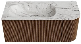 Mondiaz Kurve-dlux 105cm badmeubel ronding rechts walnut met 1 lade en deur en wastafel big small links zonder kraangat glace