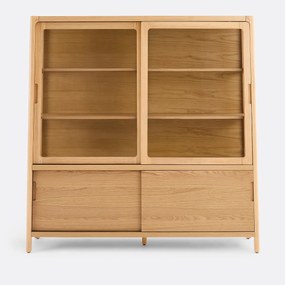 Vitrinekast in massief essen en eikenfineer, 4 deuren, hoogte 180 cm, Tress