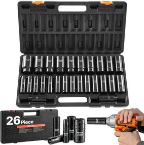 VEVOR Slagsleutelset met Doppen, 1/2 inch, 26-delig, Inbussleutels, Metrische maten 10–30 mm, 32–36 mm, Slagsleutelset met Koffer, Gemaakt van Chroom-Vanadium Gelegeerd Staal, voor Voertuigreparaties