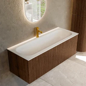 Mondiaz Kurve 120cm badmeubel walnut met 1 lade en wastafel big large midden 1 kraangat