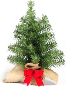 Famiflora Forest Table Tree kunst (tafel)kerstboom - 30 cm - groen - Diameter 25 cm - 38 tips - met rode strik - jute zak