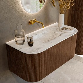 Mondiaz Kurve-dlux 100cm badmeubel ronding links/rechts walnut met 1 lade en 2 deuren en wastafel grunne midden zonder kraangat glace
