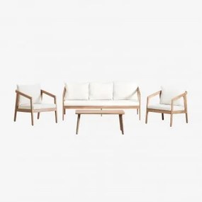 Tuinset Met Bank, 2 Fauteuils En Salontafel Van Acaciahout Kaela Lichte Acaciekleur & 3 Zits & Stof Gardenia Wit - Sklum