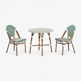 Ronde Tafelset Ø80 Cm En 2 Stapelbare Eetkamerstoelen Van Aluminium En Synthetisch Riet Brielle Bistro Groen – Kool - Gardenia Wit - Sklum