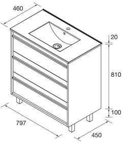 Muebles Resh badmeubel 80cm met 3 lades en wastafel walnoot