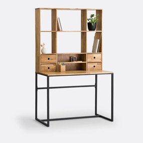 Bureau van eikenhoutfineer met metaal stalen onderstel en opzetstuk Hiba