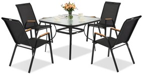 Modena/Bitonto Wood metalen tuinmeubelen voor 4 personen met Garden Point vierkante tafel zwart