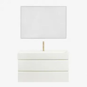 Badkamermeubelset Van Hout En Essenhoutfineer Met Geïntegreerde Wastafel Ona Wit & Rechthoekige Led En Anticondens 100x70 Cm Tamsin & Goud - Sklum