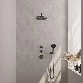Brauer Stripe inbouw regendouche met 25cm hoofddouche, rechte muurarm en 3 standen handdouche set 4 gunmetal geborsteld PVD