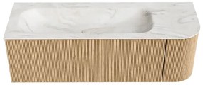 Mondiaz Kurve-dlux 135cm badmeubel ronding rechts oak met 1 lade en deur en wastafel big medium kraangat links ostra