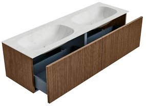 Mondiaz Kurve-dlux 150cm badmeubel walnut met 2 lades en wastafel stor small dubbel 2 kraangaten opalo