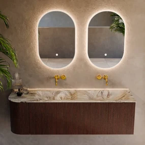 Mondiaz Kurve-dlux 145cm badmeubel ronding links ruby met 1 lade en deur en wastafel leaf dubbel/rechts zonder kraangat glace