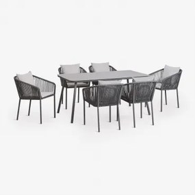 Rechthoekige Tuintafelset 160x90 Cm Met 6 Stoelen Van Gevlochten Touw Arhiza Classic Grijs – Grafiet - Sklum