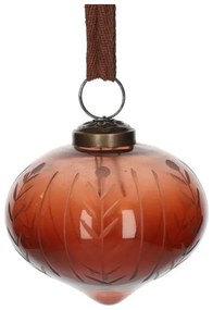 Kerstbal ui-vorm, gegraveerd met takjes, glas, roodbruin