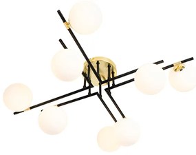 Plafondlamp zwart met goud en opaal glas 8-lichts - Lynn