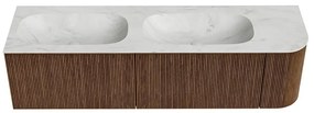 Mondiaz Kurve-dlux 165cm badmeubel ronding rechts walnut met 2 lades en 1 deur en wastafel stor small dubbel/links 2 kraangaten opalo