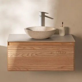 Tedrik Zwevend Badkamermeubelset Van Essenhout Ash Brown & Rond Cement Wit Ø40 Cm Zavion & Spiegelloze & Wit ↑30 Cm Met - Sklum